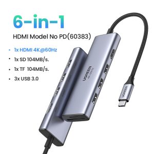 Bộ Chuyển Ugreen 60383 HDMI 4K 60Hz + 3x USB 3.0 + Card Reader Hub USB Type C Multifunction Adapter