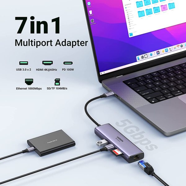 bo-chuyen-doi-type-c-ugreen-60515-usb-type-c-nkphukien-07 Bộ Chuyển Đổi 7-In-1 USB Type-C Ra HDMI 4K/60hz + USB + LAN Gigabit + PD100W + SD/TF - Ugreen 60515