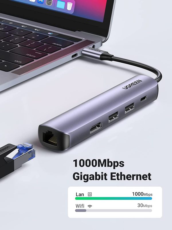 bo-chuyen-doi-usb-c-sang-2usb-hdmi-rj45-ugreen-10919-2 Bộ Chuyển USB-C Ra HDMI 4K*2K + 2xUSB 3.0 + Lan 1Gbps + PD100W Ugreen 10919