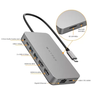 Cổng Chuyển Hyperdrive Dual 4k HDMI 10-IN-1 (2 Màn Hình) USB-C Hub For Macbook M1/M2 – HDM1H