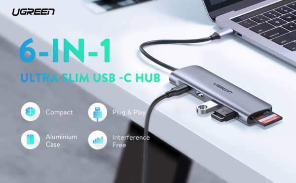 hub-ugreen-70411-usb-ty pe-c-sang-hdmi-nkphukien-02 Bộ Chuyển Đổi USB Type C Sang HDMI, USB 3.0, Đọc Thẻ SD/TF, Hỗ Trợ Sạc USB C - Ugreen 70411