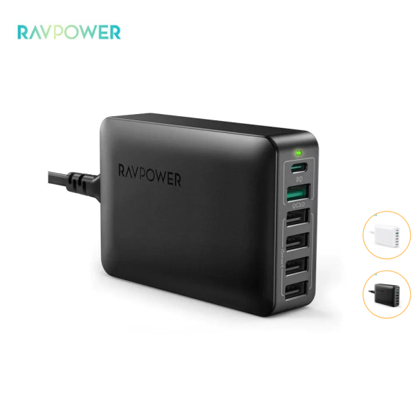 Sạc Ravpower 60W 6-Port, PD 30W, QC3.0, Desktop USB Charging Station - (RP-PC029)