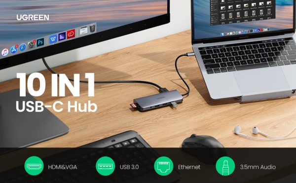 ugreen-80133-nkphukien-01 Bộ Chuyển Đổi (10-In-1) USB C To HDMI + VGA + LAN 1Gbps + Hub USB3.0 + SD/TF + Audio Ugreen 80133
