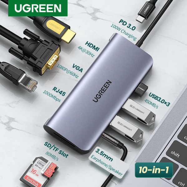 ugreen-80133-nkphukien-com Bộ Chuyển Đổi (10-In-1) USB C To HDMI + VGA + LAN 1Gbps + Hub USB3.0 + SD/TF + Audio Ugreen 80133